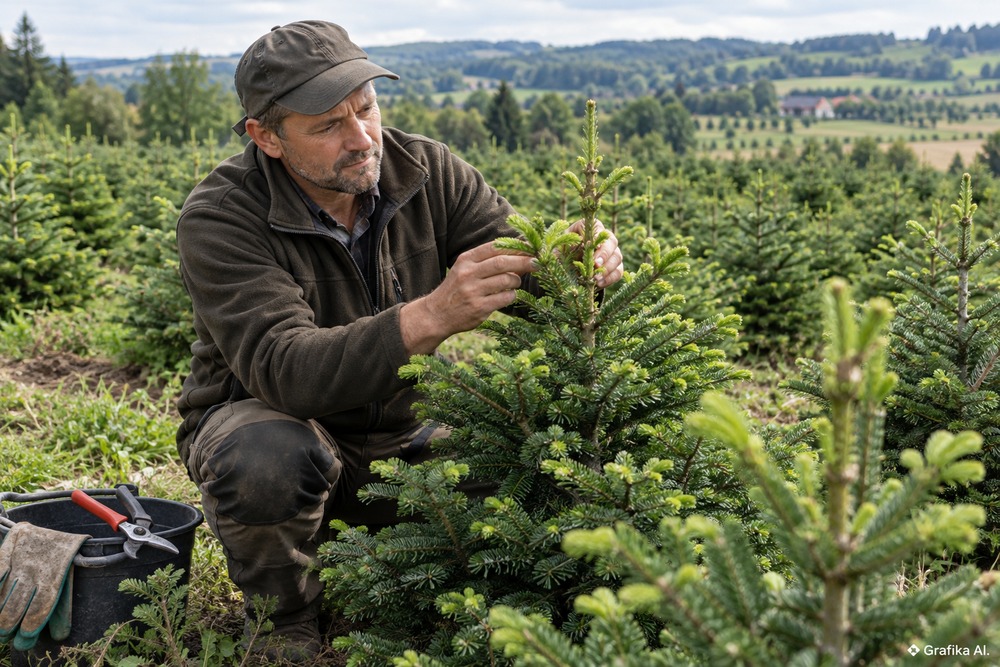Plantator ogląda młode majowe przyrosty jodły na plantacji choinek