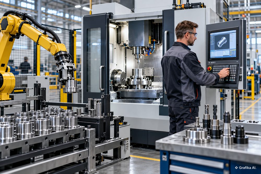 Operator nadzorujący obrabiarkę CNC z automatycznym załadunkiem przez robota
