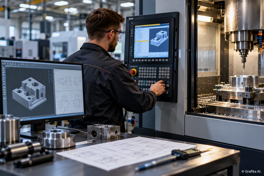 Operator CNC przy nowoczesnym stanowisku produkcyjnym – grafika AI